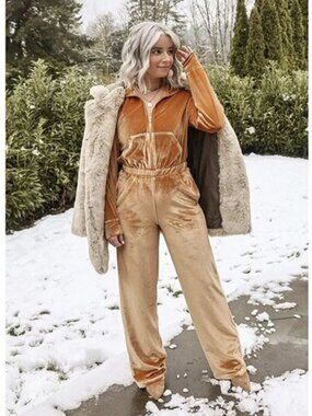 Fabletics Velour Zip-Up Wide Leg Onesie — Light Honey / Large